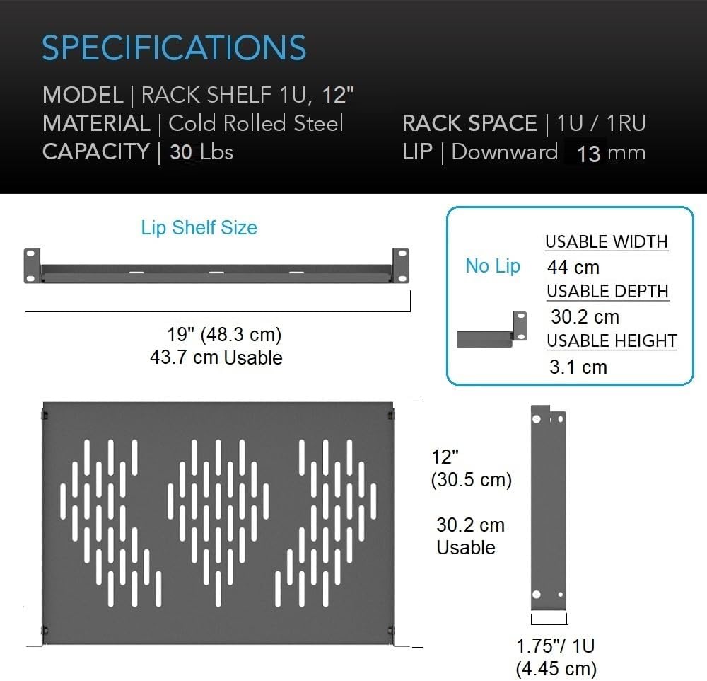 Beiyier 2PCS 1U Server Rack Shelf, Suitable for 19" Network Equipment Racks and Cabinets, Ventilated Cantilever Tray, Depth of 12 inches, Well-Ventilated (Black)