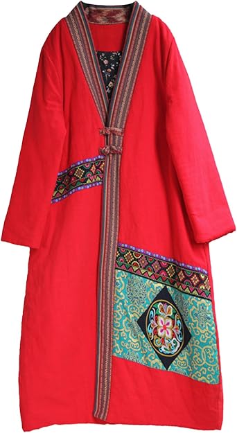LUZU JUNU Womens Long Thick Ethnic Embroidered Winter Warm Cotton Padded Parka Coat