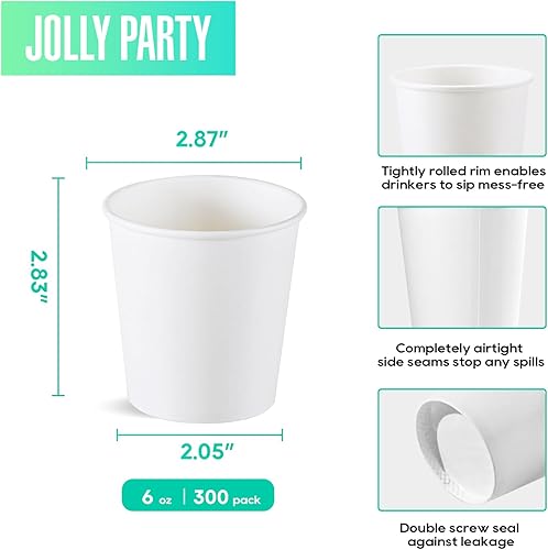 Miniatura 3 de JOLLY PARTY Paquete de 300 tazas de café de papel desechables de 6 onzas, tazas para bebidas calientesfrías para agua, tazas de café de papel, tazas