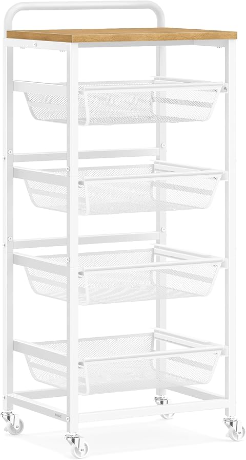 VASAGLE Carrello da Cucina a 5 Ripiani, con Cesti Scorrevoli, Carrellino da Cucina con Rotelle, con Maniglia, 31,7 x 40 x 95 cm, Rovere Dorato e Bianco Opaco LRC041YA01