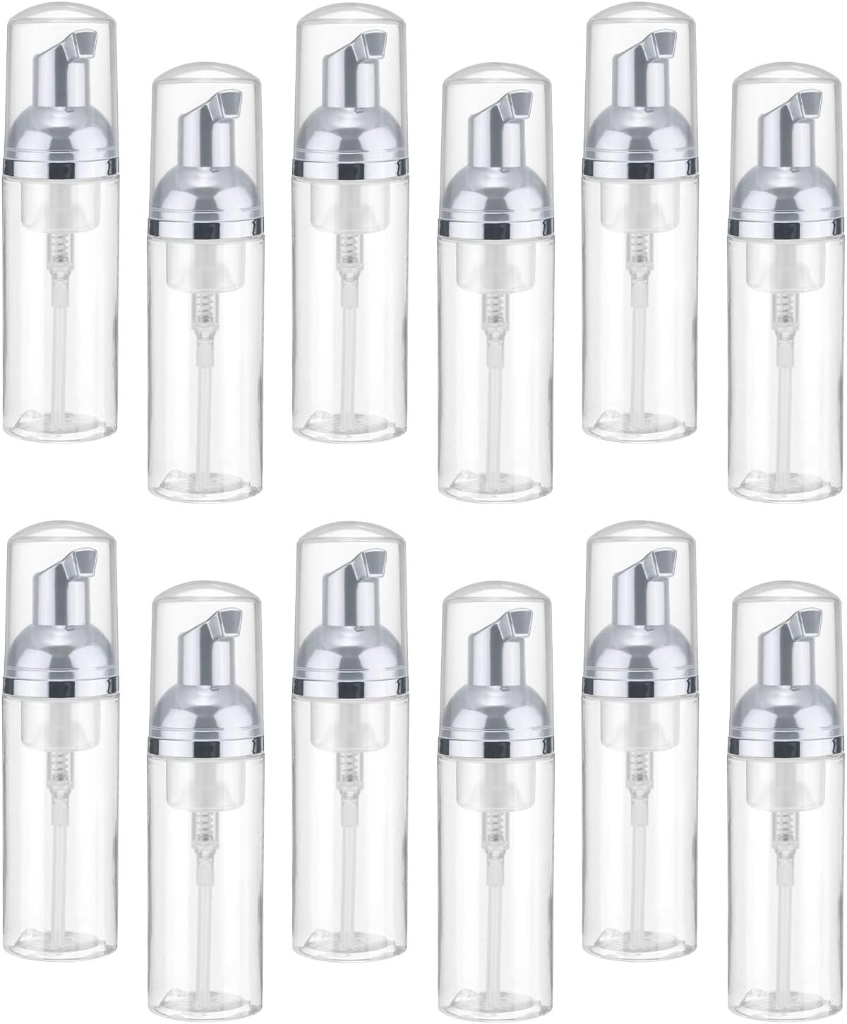 uxcell 2 Oz / 60ml Empty Foam Pump Bottle, 12 PCS Travel Foam Soap Dispenser, Empty Refillable Plastic Pump Bottle for Lash Shampoo, Hand Soap, Clear/Silver