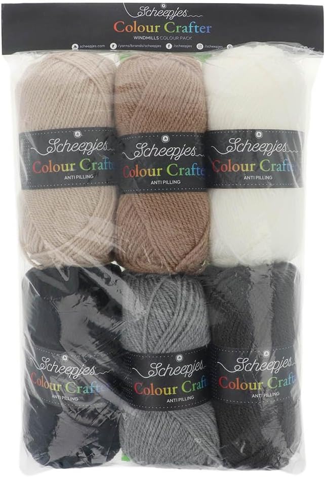 Scheepjes Colour Crafter Pack of 6 (50 g Each / 1.76 oz Each) – Windmills, White/Light Gray/Dark Gray/Black