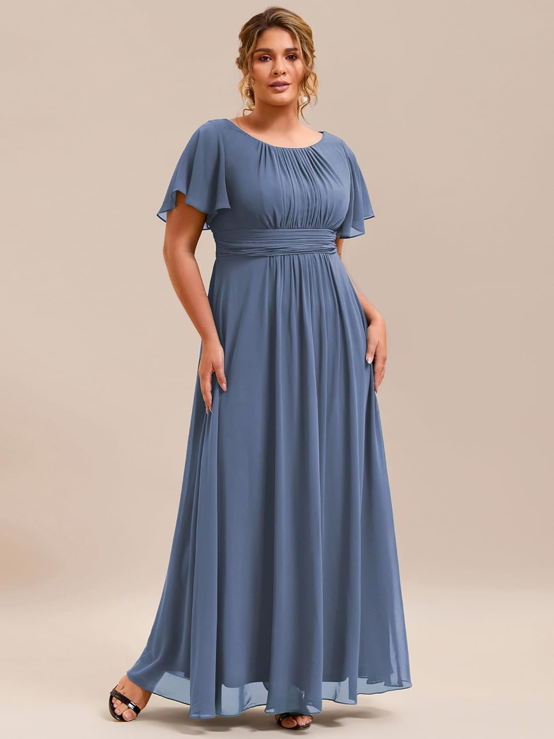 Ever-Pretty Plus Elegant Formal Dresses for Curvy Women Round Neck Short Sleeves Chiffon Bridesmaid Mother of The Bride Dress