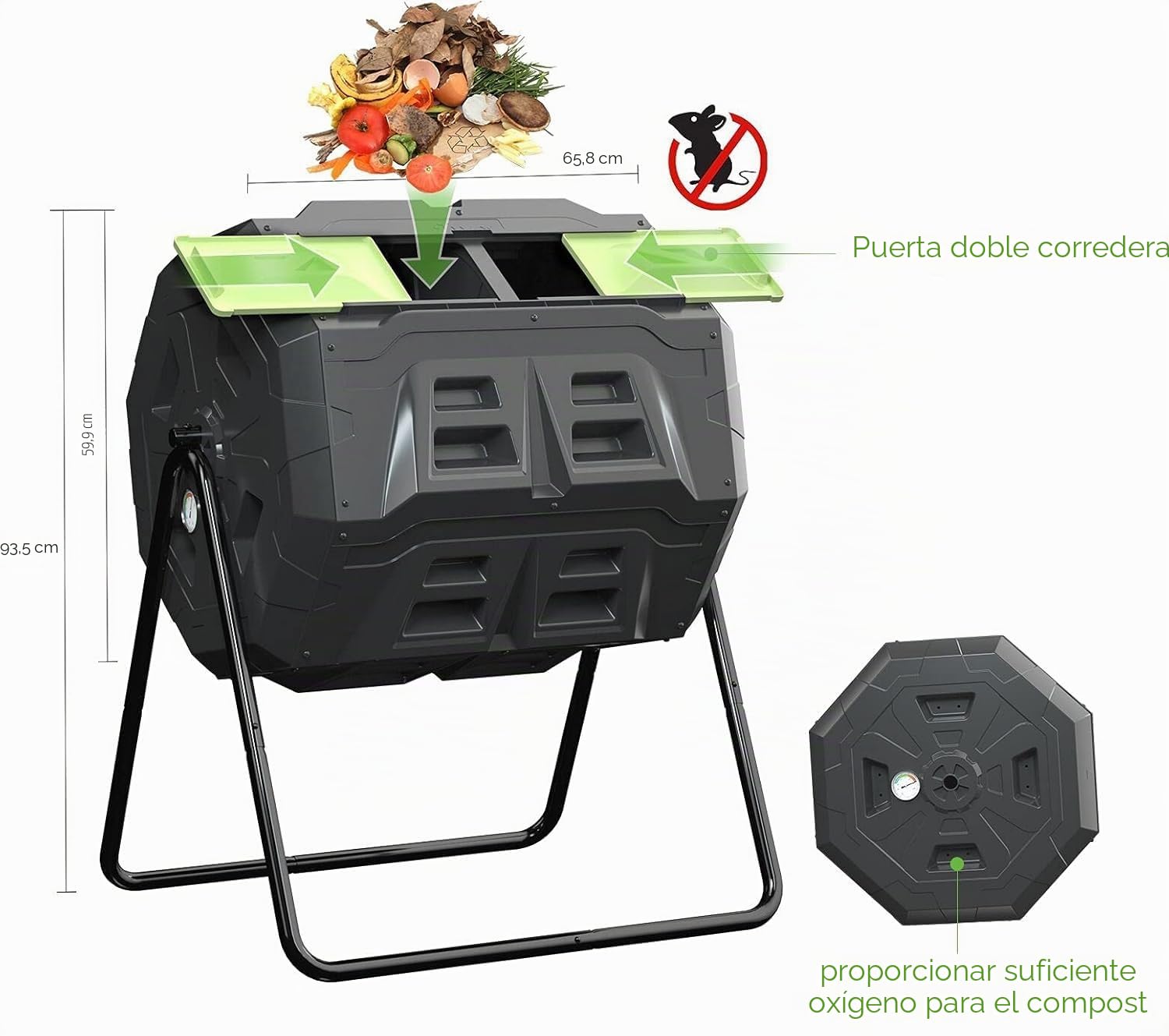 Compostador mejorado de 160 litros con termómetro de compost, contenedor de compostaje de jardín de doble cámara (verde)