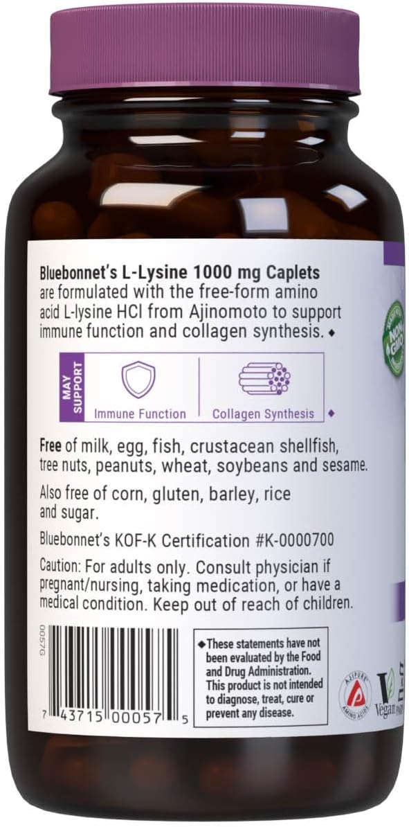 BlueBonnet L-Lysine 1000mg Essential Amino Acids Supplement - Immune & Collagen Support Supplements for Women & Men - Non-GMO, Vegan & Gluten-Free - 1000 mg L Lysine Per Serving - 100 Caplets