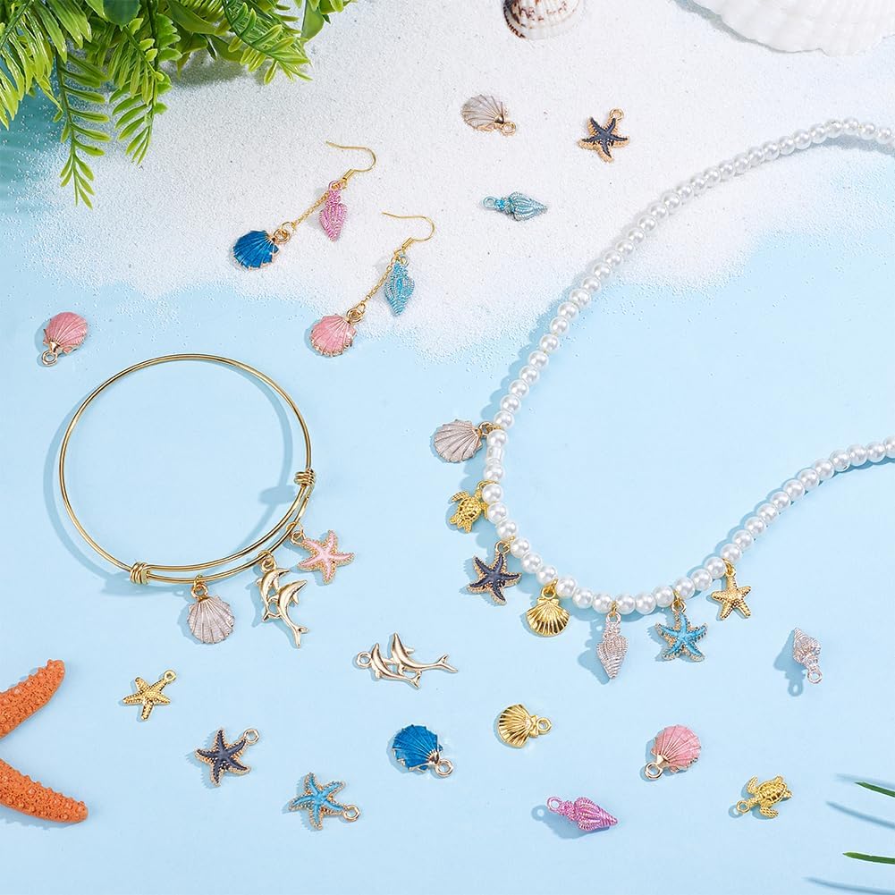 PH PandaHall 104Pcs 13 Styles Ocean Starfish Seashell Conch Charms, Colorful Enamel Ocean Beach Charms for DIY Jewelry Making Necklace Bracelet Earring Summer Wedding Party Favor Gifts