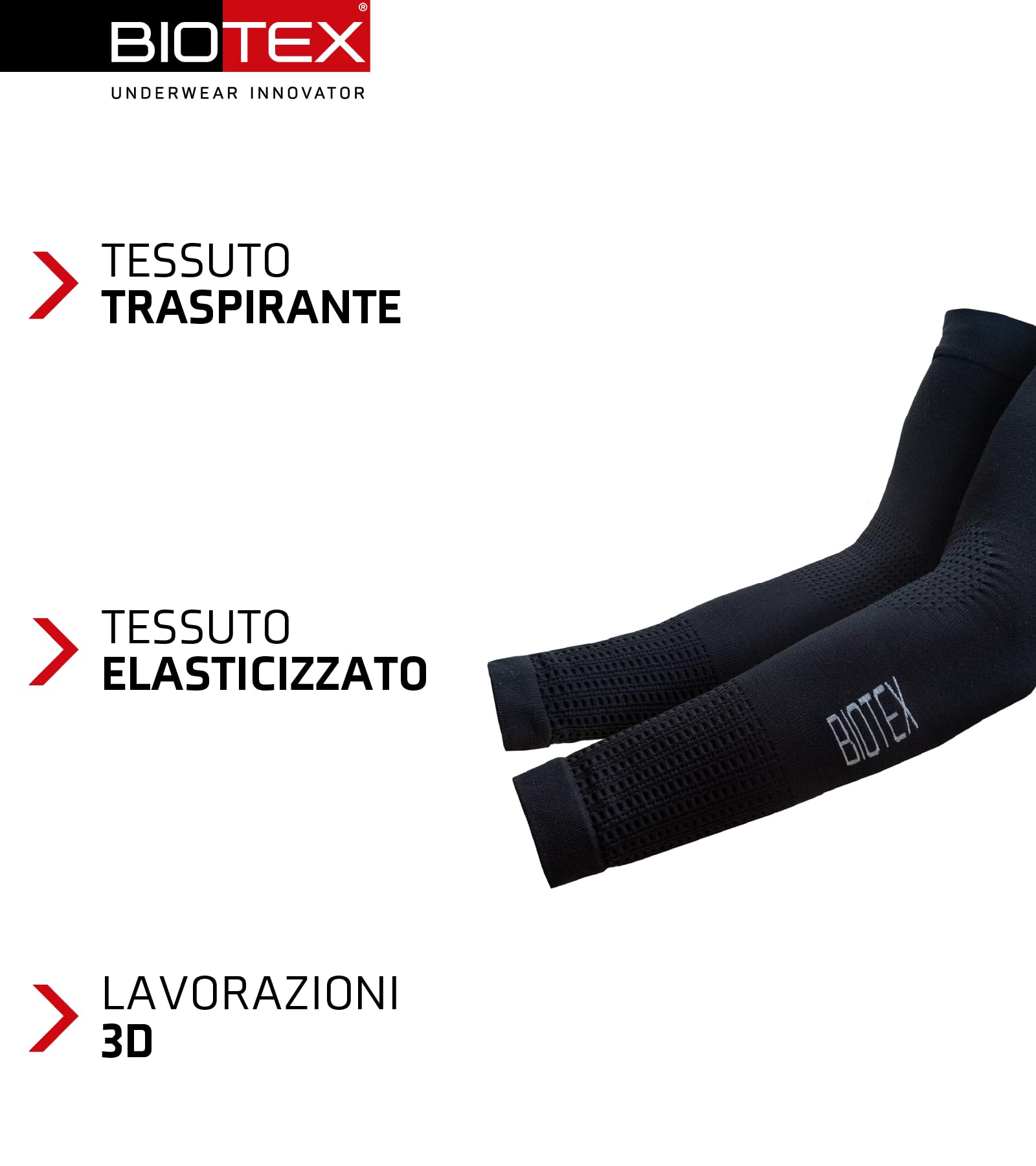 BIOTEX Manicotti Thermo Ideali per l'Inverno, Protezione Termica per Braccia a Media Compressione, Intimo Tecnico Sportivo, Nero