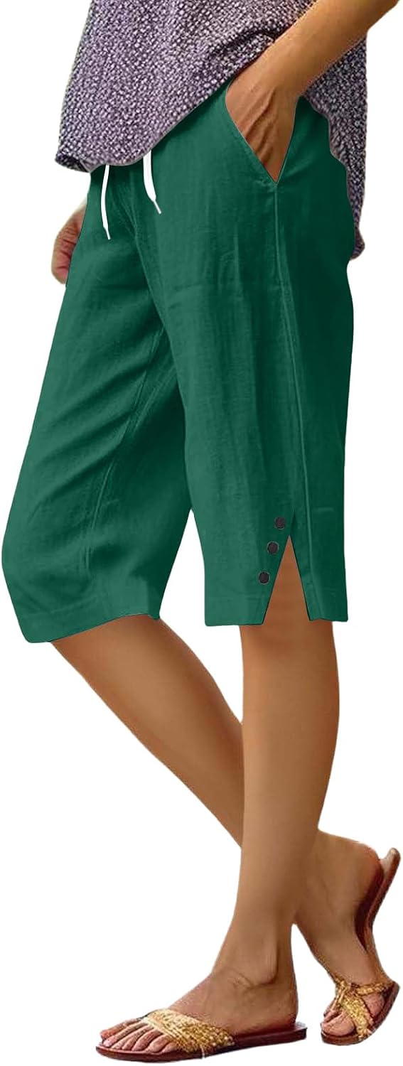 Women's Casual Linen Bermuda Capri Shorts Drawstring Elastic Waist Knee Length Walking Shorts Cropped Trousers