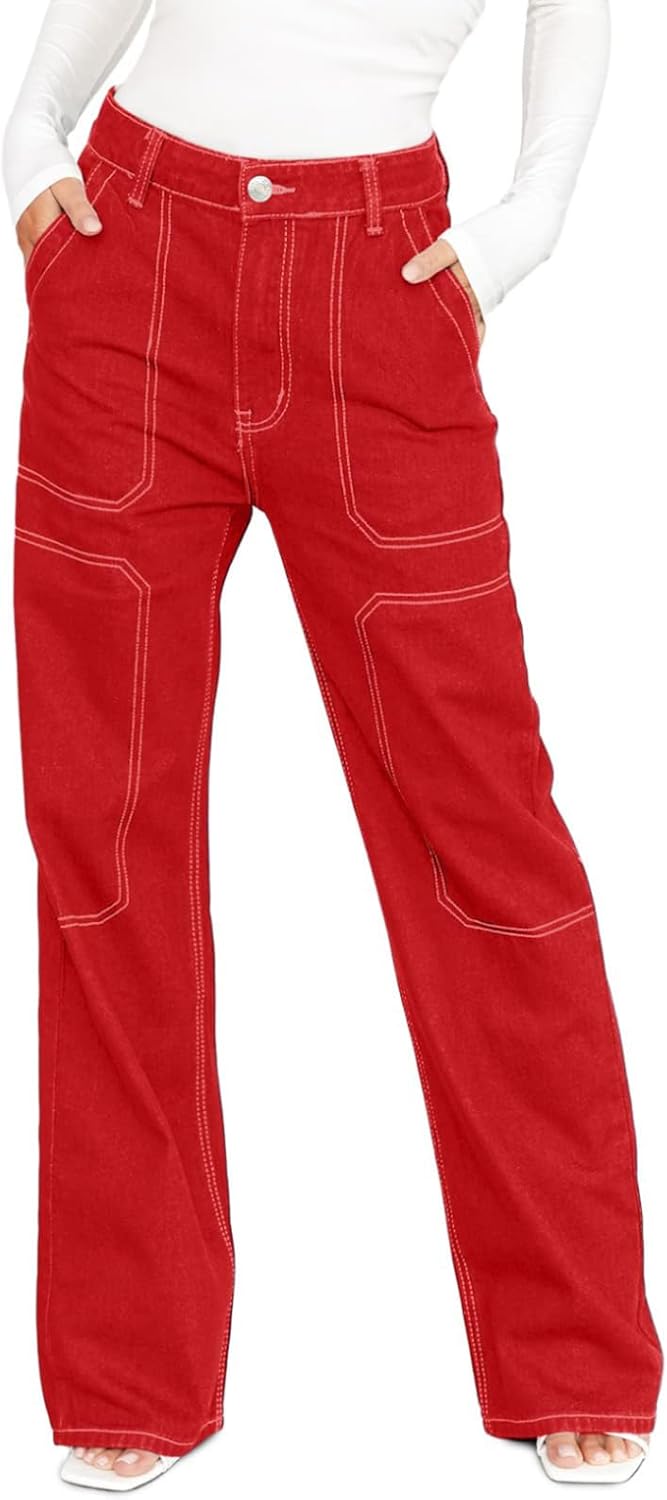Dokotoo Women’s Casual Mid Waist Cargo Jeans Stretch Wide Leg Denim Pants with Pockets Dokotoo Women’s Casual Mid Waist Cargo Jeans Stretch Wide Leg Denim Pants with Pockets