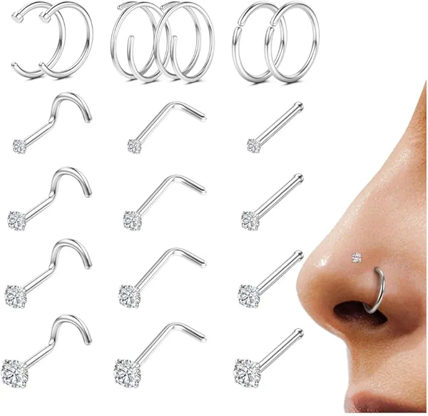 LOYALLOOK 18Pcs Nose Rings Studs - 316L Surgical Steel 14K Gold Plated Nose Studs Double Hoop Nose Ring for Women Men 18G/20G Nose Rings Stud Hypoallergenic Nose/Body Piercing Jewelry 1.5mm 2mm 2.5mm 3mm CZ