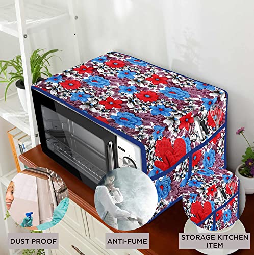 Image of PVC Waterproof 3-Layered Microwave Oven Top Cover With 4 Utility Pockets Suitable for Upto 30 Liter (Color- Blue, Size-36x14 Inches)
