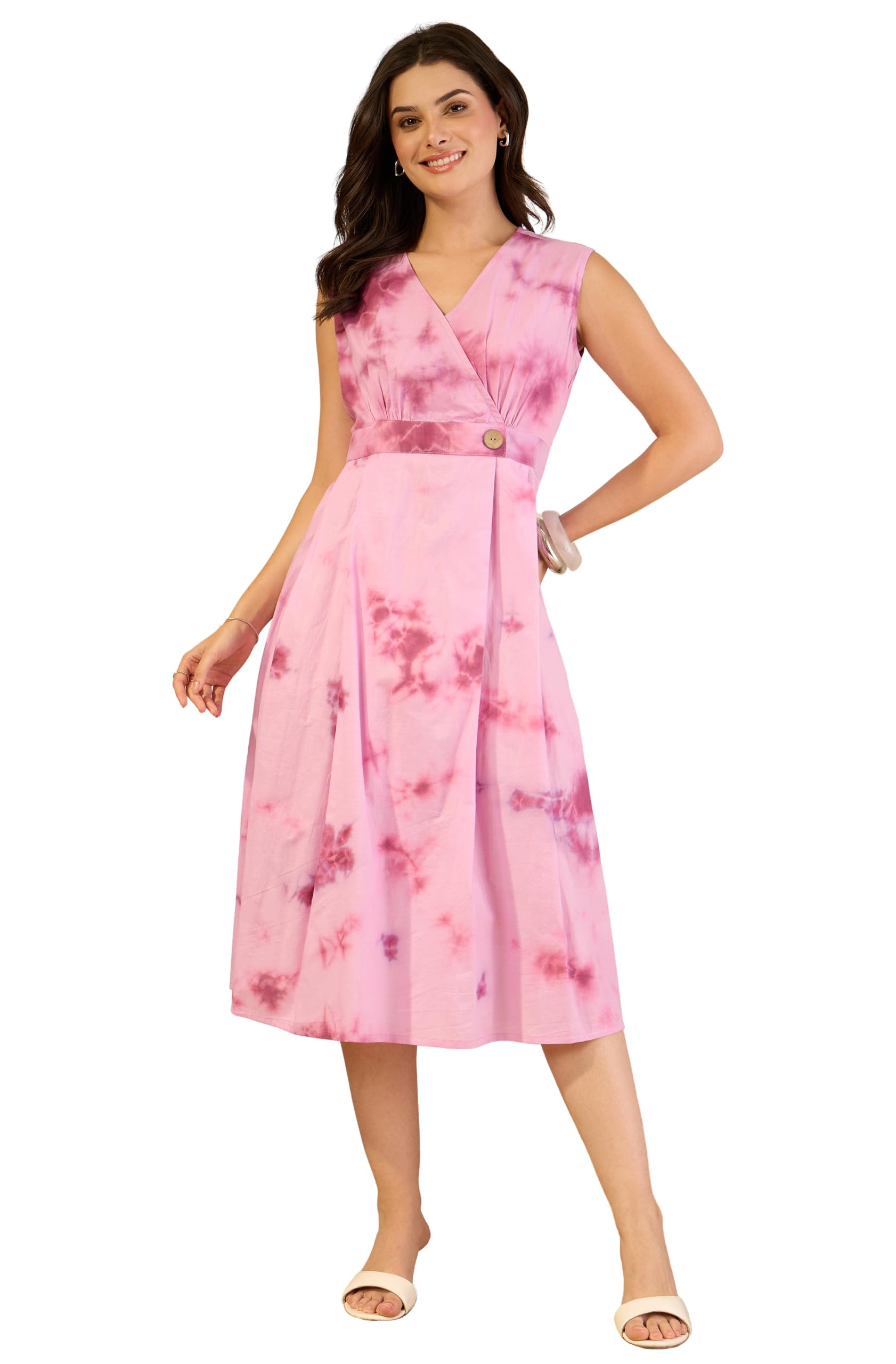 janasya Women's Lavender Pure Cotton Tie & dye Printed Wrap Style A-Line Dress-picture-12