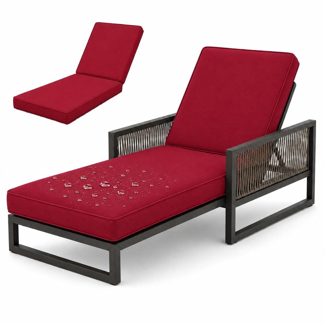 AZMAHT Sunlounger Cushions Only, Waterproof Thick Padded Sun Lounger Cushion for Garden Rattan Chairs, 50D Foam Recliner Replacement Pad with 6 Ties & Piping,Red,178x59x5cm