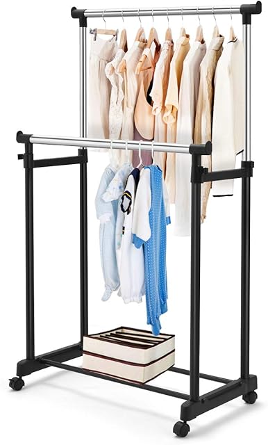 Multigot Garment Rack, Single Adjustable Rod Freestanding Clothing Metal Rack, Telescopic Mobile Double Rails Clothes Hanging Stand with Lower Storage Shelf for Bedroom and Living Room (Double Rails)