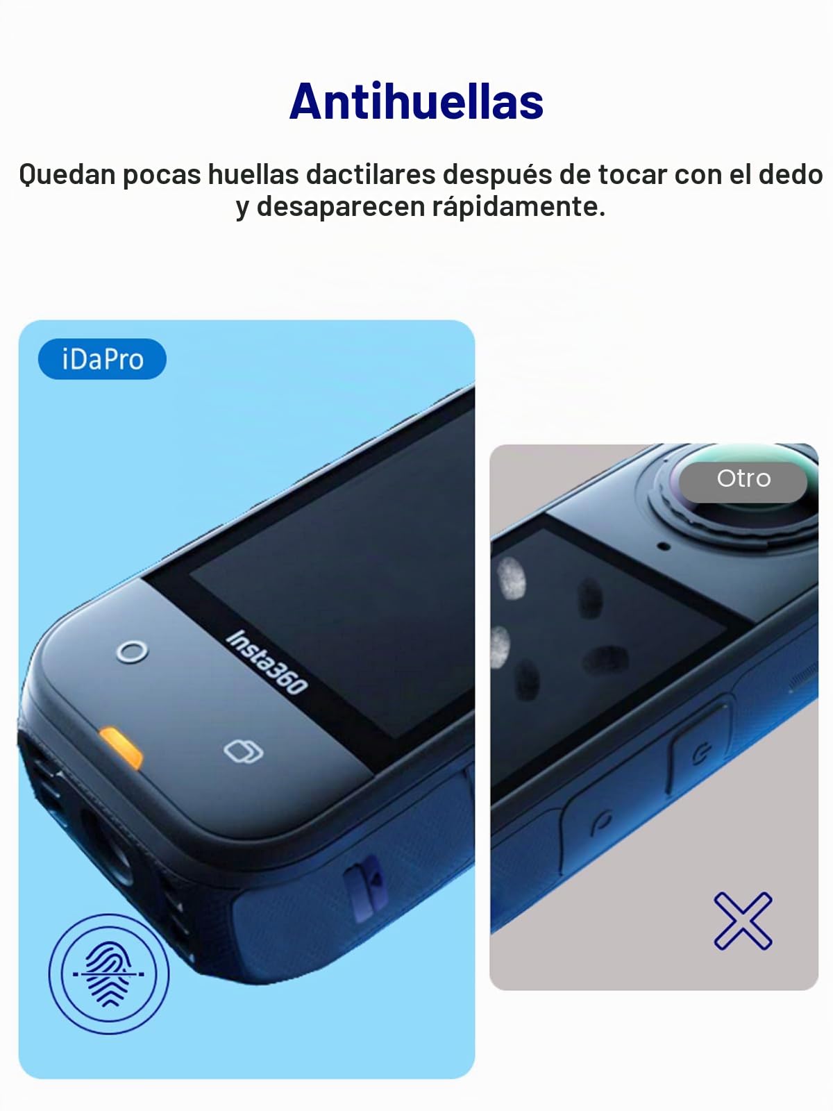 iDaPro Protector de pantalla+Protector de lente para Insta360 X5 | Lote de 2 + 2 Prot. + Caja ABS. Dureza 9H, Antiarañazos, Antiburbujas, HD, 0.33mm Ultrafino. Instalación por rotación.