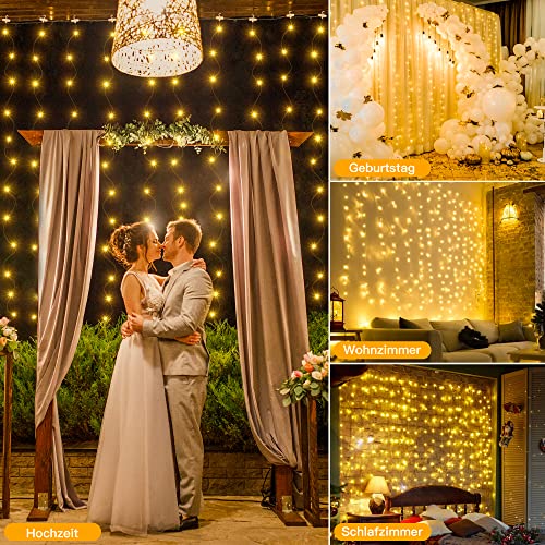 Ollny LED Lichtervorhang 2x2m, 200 LEDs Lichtervorhang innen USB warmweiß, Lichterkette Vorhang fenster mit 10 Haken, für innen und außen Ramadan Deko Hochzeit Party Wand Balkon(kein Stecker)