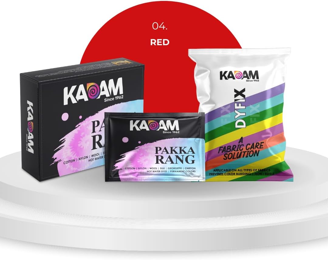 Kadam Pakka Rang Fabric Dye for Clothes Permanent, Cloth Dye Powder, Fabric Dye Clothes, Dye for Faded Jeans, 10 sachets of Shade 04 True Red Colour with 5 sachets of DyFix Colour Fixer
