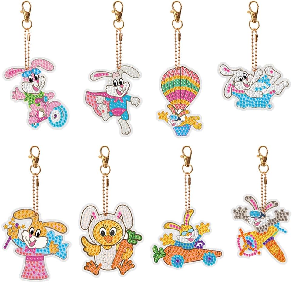 8/15Pcs Full Drill Rabbit Double-Sided Rhinestone Keychain Pendant