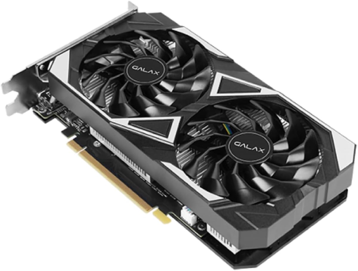Galax NVIDIA GeForce RTX 3050 EX graphics card installed in a computer case, showing the fans and PCI-E connector.