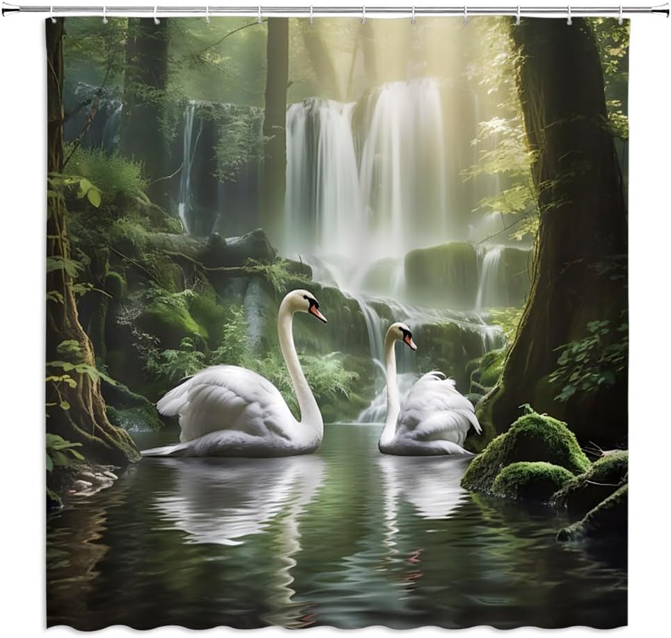 Forest Waterfall Shower Curtain White Swan Green Jungle Lake Landscape Wild Animal Nature Garden Romantic Bathroom Decor Curtains Polyester with Hooks