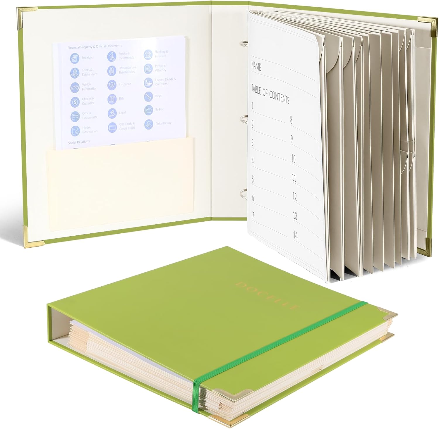 3-Ring Folder Organize Sturdy Hardboard Important Document Organizer with Expanding Pockets for Home, School, Office Use (Green)