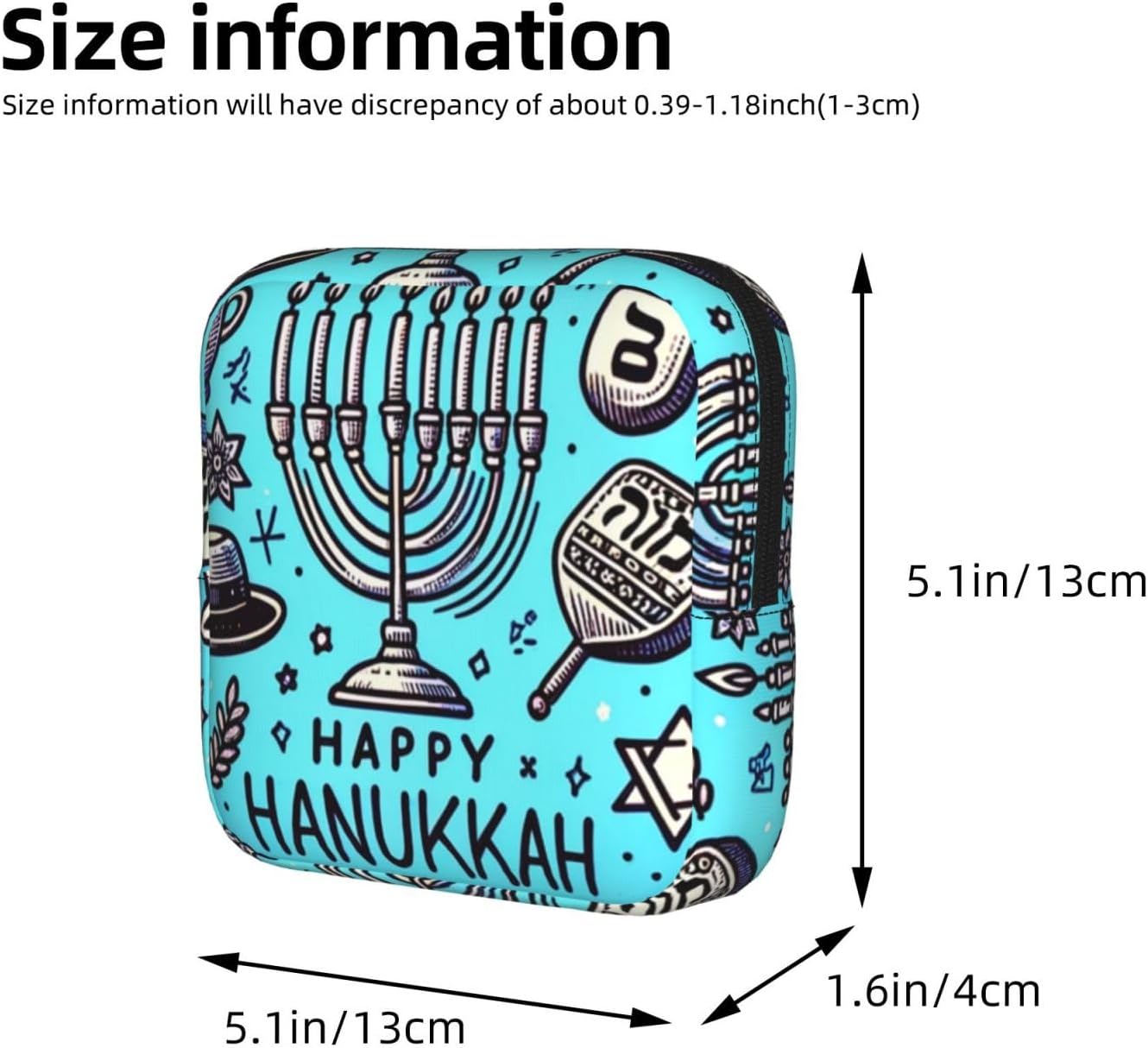 Happy-Hanukkah-Blue-Lit-Candles Portable Period Pad Pouch for Women, Sanitary Napkin Storage Bag with Zipper for Outdoor Use image 3