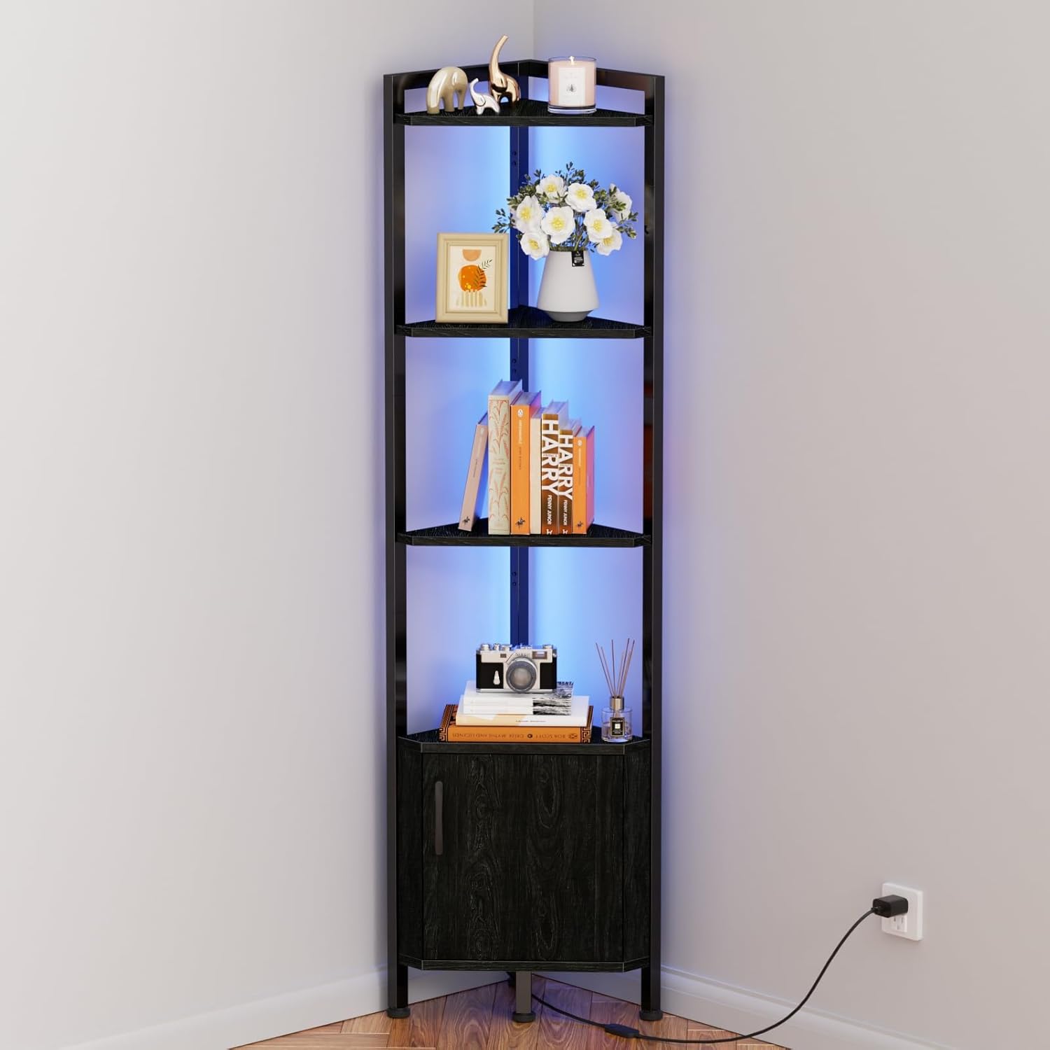 Furnulem Corner Shelf,5-Tier Corner Cabinet with Storage and LED Light, 62.8” Standing Display Bookshelf for Bedroom, Living Room, Kitchen, Wood Display Shelf (Black Oak)