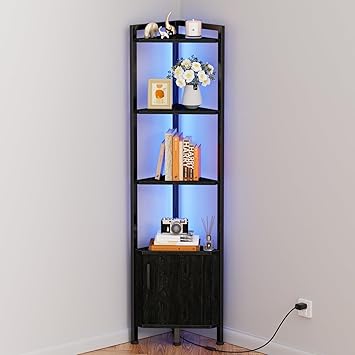 Furnulem Corner Shelf,5-Tier Corner Cabinet with Storage and LED Light, 62.8 Standing Display Bookshelf for Bedroom, Living Room, Kitchen, Wood Display Shelf Black Oak | with Storage