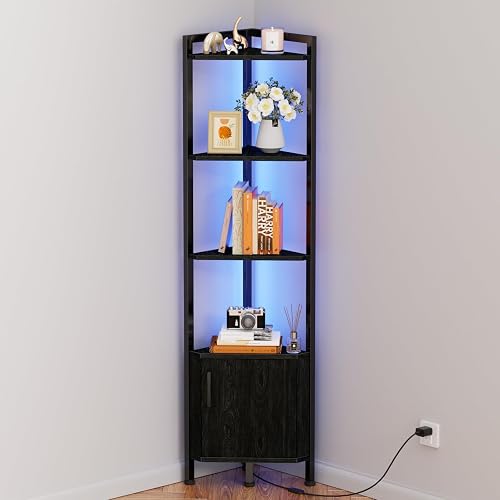 Furnulem Corner Shelf,5-Tier Corner Cabinet with Storage and LED Light, 62.8” Standing Display Bookshelf for Bedroom, Living Room, Kitchen, Wood Display Shelf (Black Oak) | with Storage, LED Light, for Bedroom, Living Room, Kitchen
