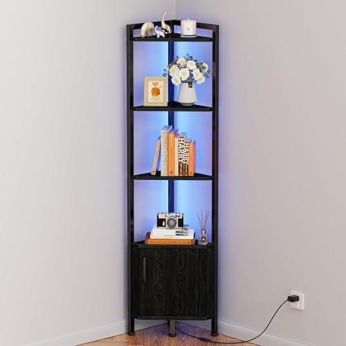 Furnulem Corner Shelf,5-Tier Corner Cabinet with Storage and LED Light,