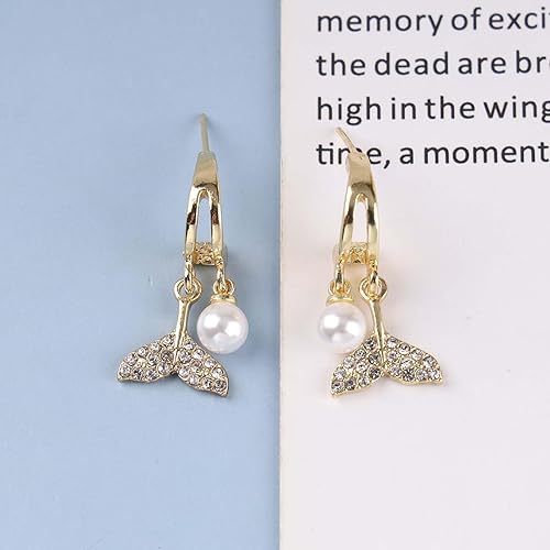 Boho Crystal Pearl Dangle Earrings Cz Mermaid Tail Stud Earrings Gold Pearl Hoop Earrings Vintage Whale Tail Earrings Jewelry for Women