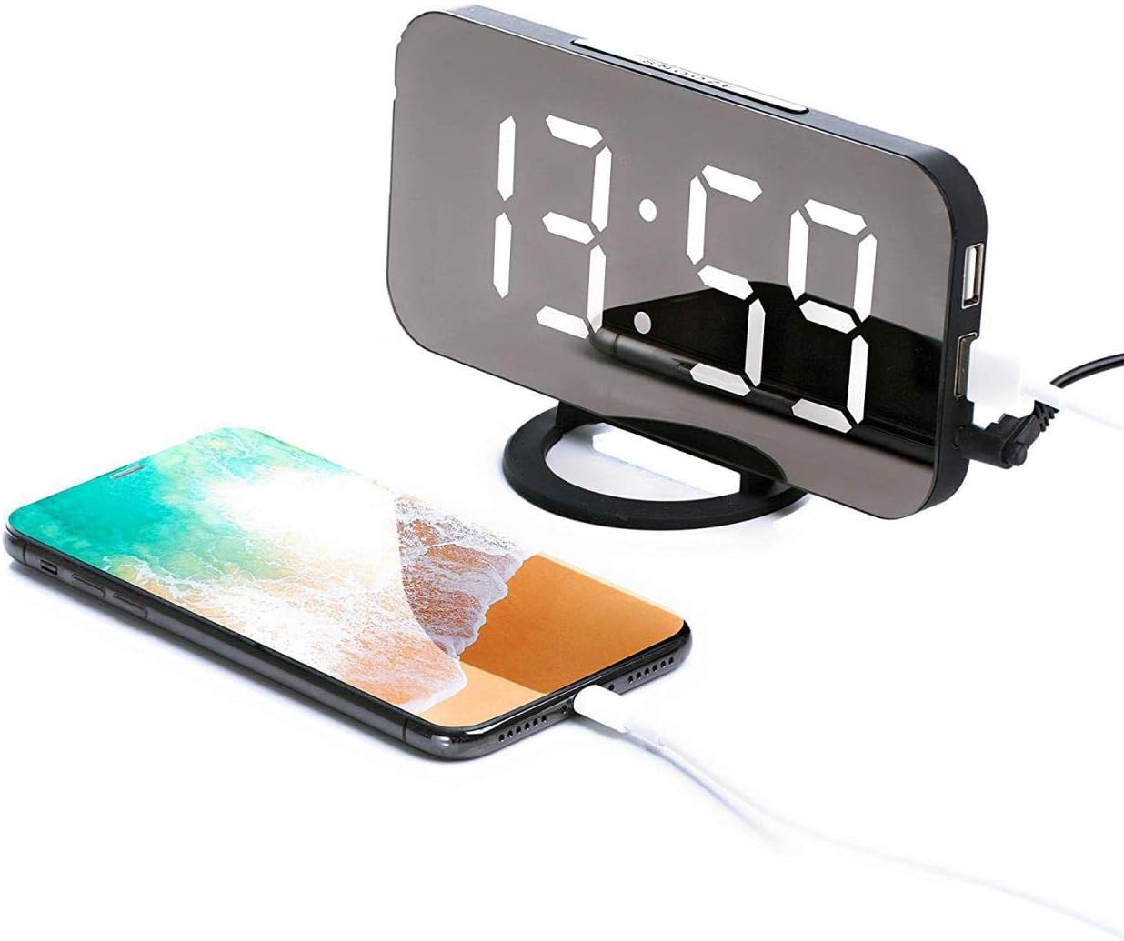 Wellonice Digital alarm clock - Stylish led Clock with 2 USB Ports - 6.5 inch display Stylish led with Automatic Brightness Control