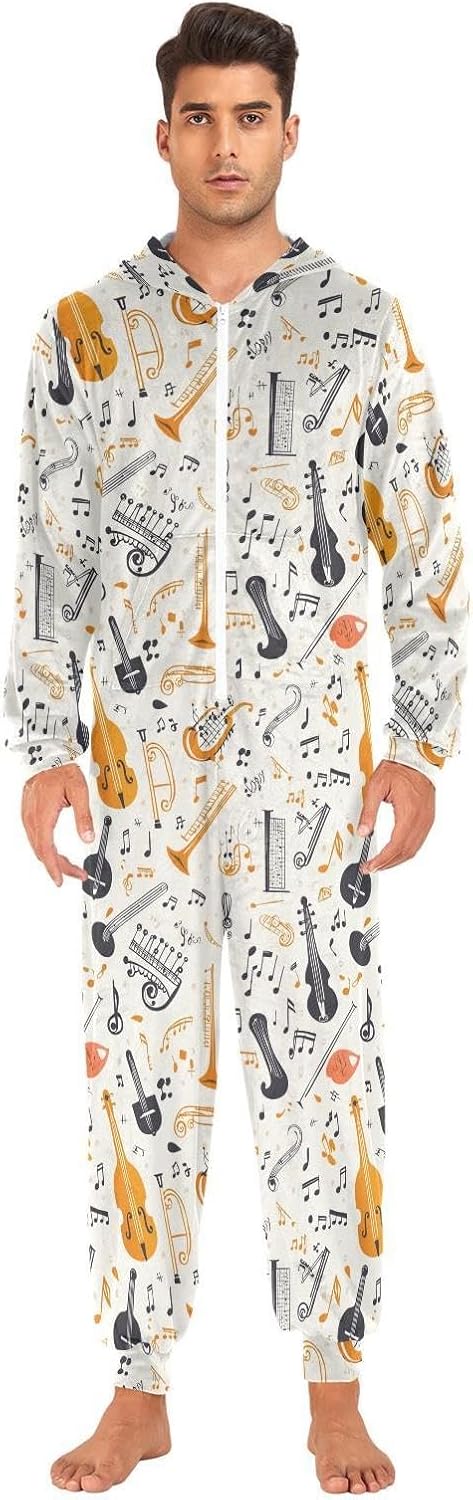 ZZKKO Musical Notes Instrument Adult Onesie Pajamas for Women Men Cozy One Piece Pajamas Costume Zip-Up Hooded S-XL