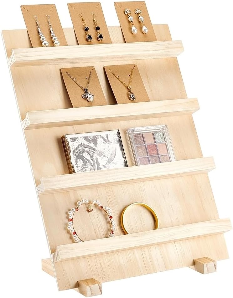 NBEADS Wood Earring Display Stands 4 Layers Jewelry Display Holder Wood Earring Card Holder with Base Stand Photos Business Card Display for Home Office Retail Store Slot Height: 3.4Inch