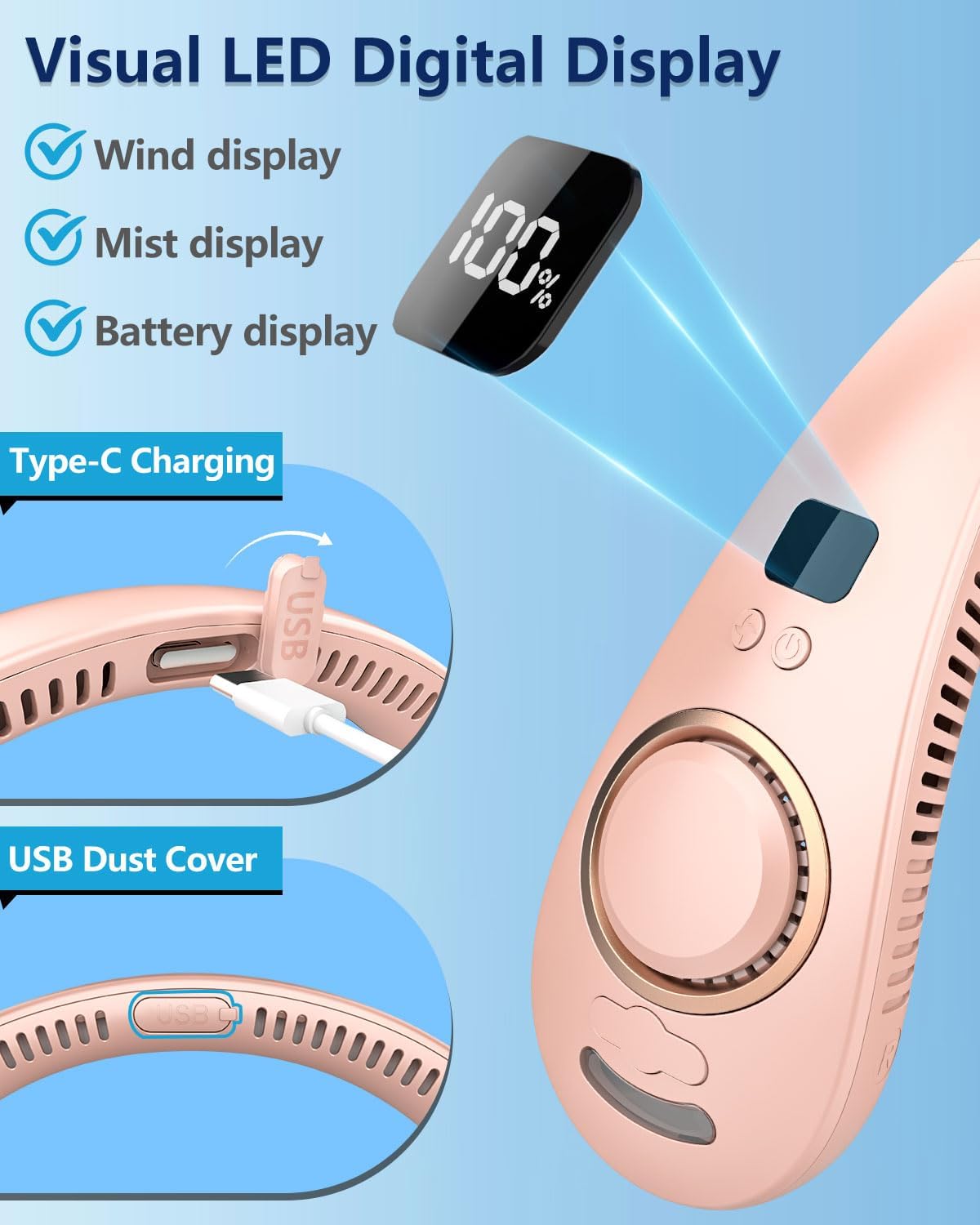 Neck Fan with Water Mist Spray,Misting Cooling Personal Fans for Your Neck Go Around that Blow Cold Air,Foldaway Hands Free Devices Mister Fan,Best Gifts for Mother's Day Father's Day Birthday