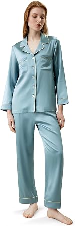 LilySilk Silk Pajamas for Women Gold Piping 100% Silk Pajama Set for Ladies Washable