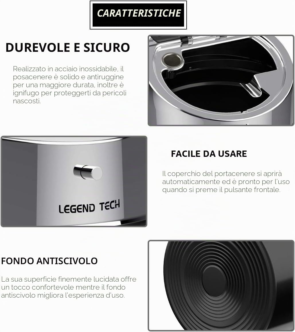LegendTech Popielniczka ze stali nierdzewnej z pokrywką, antypoślizgowa, przenośna, wiatroszczelna, metalowa, do ogrodu, balkonu, na zewnątrz i wewnątrz (srebrny czarny)