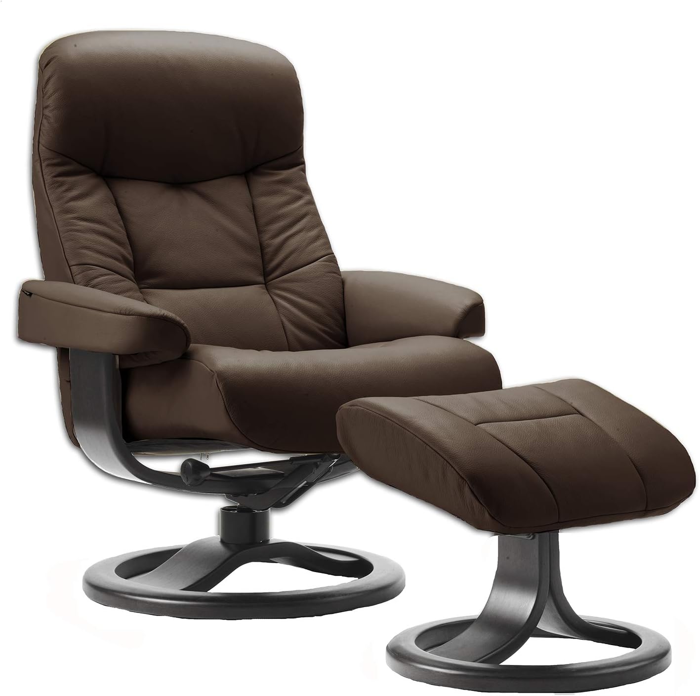 Fjords Muldal Small Leather Swivel Recliner Chair with Ottoman in Havana Dark Brown NL 120 Nordic Line Leather with a Charcoal Wood Stain Base