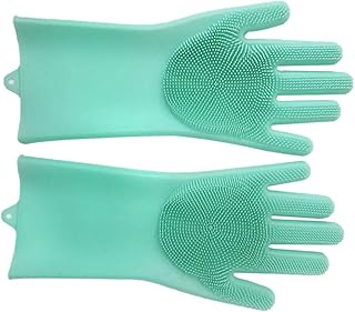 [Qalabka] 多機能シリコン手袋 マジックシリコン 食器洗い用手袋 洗い スクラバー 再利用可能 シリコンブラシ 天然ゴム 泡立ちやすい 耐熱 スクラブ ゴム手袋 食器洗い キッチン 浴室 掃除 家庭 ペットの髪の毛のお手入れ 洗車 1ペア (グリーン)