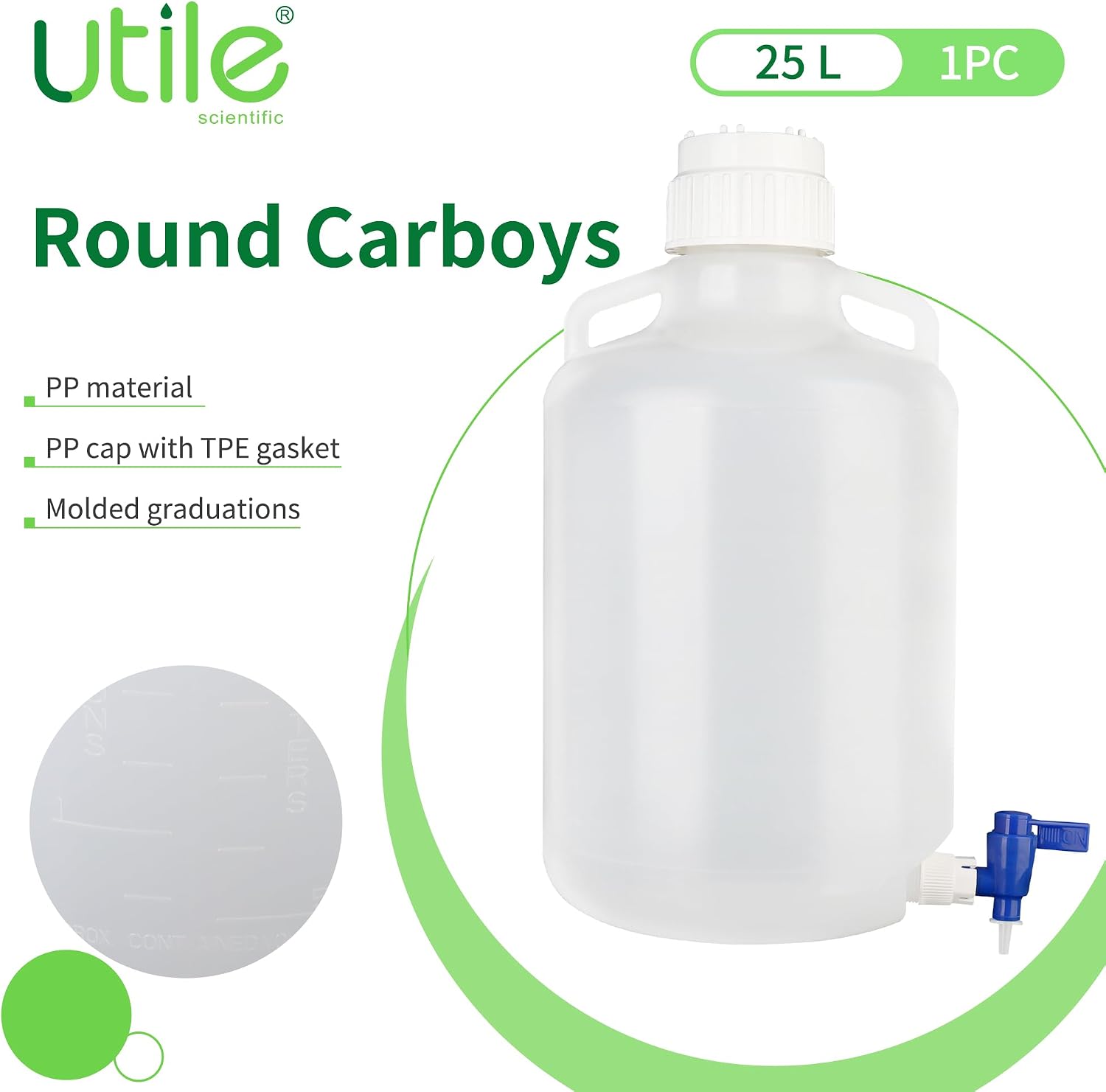 Utile 25L Round Carboys Round Jug with Handle, PP Material, PP Screw Cover with TPE Liner, 4093.0195.1