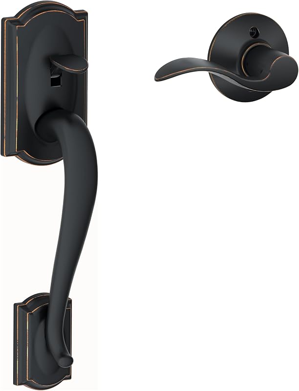 SCHLAGE Century Entry Handleset, Right Hand Accent Lever, Aged Bronze | Exterior front door handleset grip with handed interior lever, No deadbolt, Pairs with smart locks, Certified durability