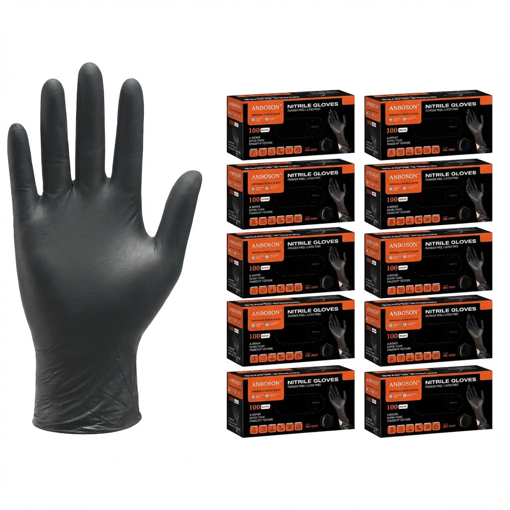 Guantes desechables de nitrilo – Guantes de goma sin polvo de 3 mm para cocinar, preparar alimentos y limpieza ligera, sin látex, puntas de los dedos texturizadas, seguros para alimentos