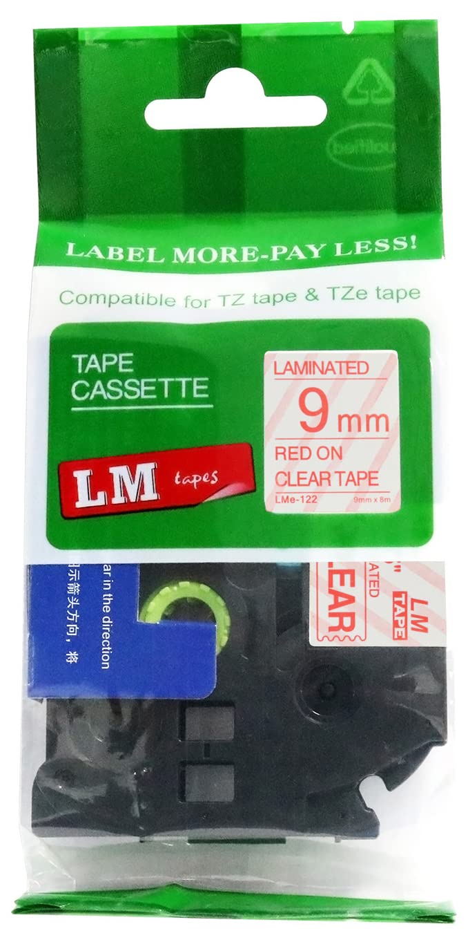 LM Tapes - Premium 3/8" (9mm) Red on Clear Compatible TZe P-Touch Tape for use with Brother PT-D220, PTD220 Label Maker Includes Tape Size/Color Guide