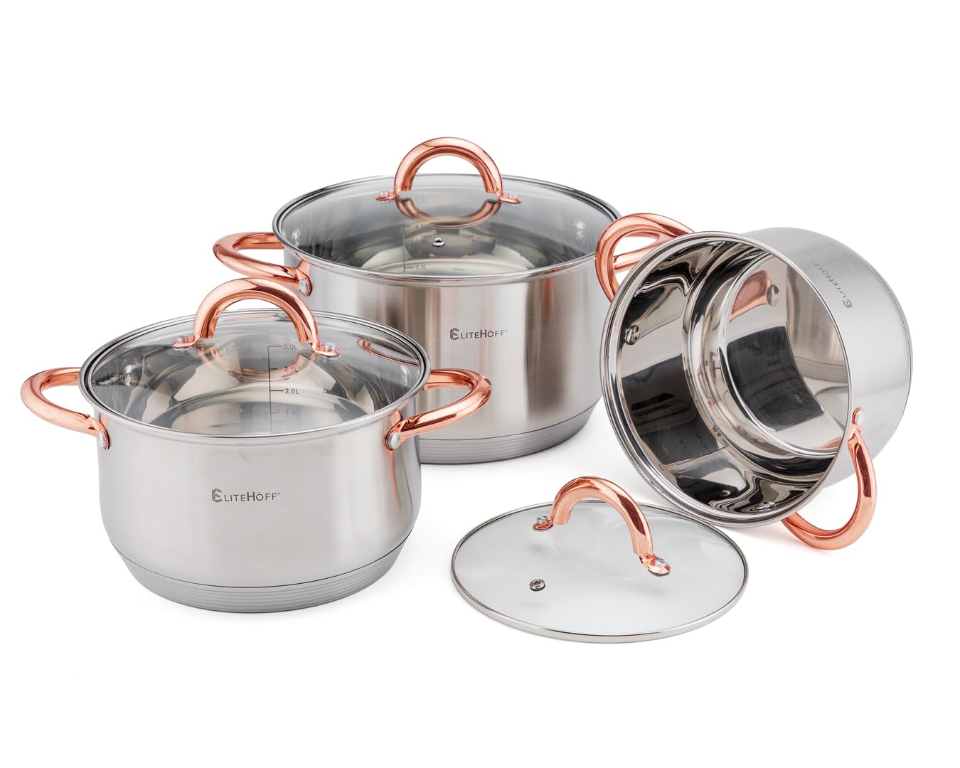 EliteHoff Juego de ollas de inducción, olla de acero inoxidable de 7 capas, juego de ollas con tapa, asas de oro rosa, para todo tipo de cocina (6 piezas)