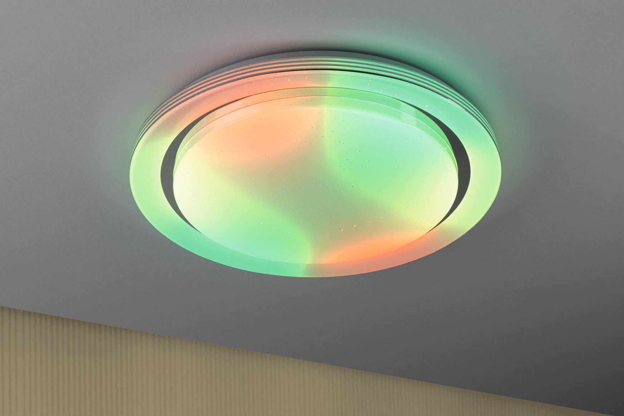 Paulmann 70547 LED Deckenleuchte Rainbow mit Regenbogeneffekt incl. 1x38,5 W dimmbar dynamicRGBW Farbsteuerung Chrom, Weiß Kunststoff, Metall 3000 K
