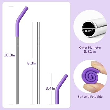 Stainless Steel Straws for 20oz Yeti Tumbler, 5 Piece Metal Straws Reusable with Silicone Tip for 20oz Stanley Cup and 16oz Glass Tumbler, Cleaning Brush, 1 Portable Bag