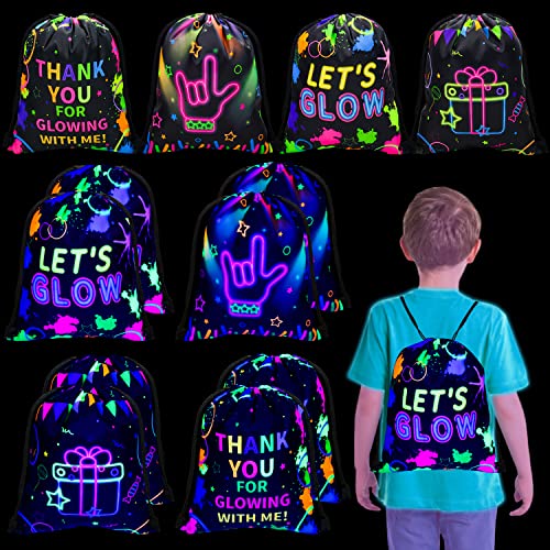 XJLANTTE 12 Pcs Neon Drawstring Gift Bags Glow Backpacks Goodie Bags Glow Party Supplies Favor Bags for Birthday Party Let’s Glow Party Decorations Glow in The Dark Party Supplies
