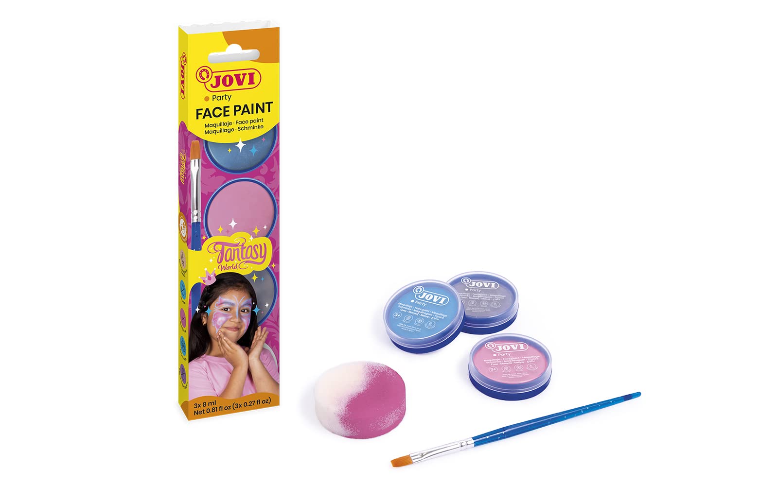 Jovi - Maquillaje Infantil FANTASY, Estuche de 3 botes de 8ml, Maquillaje en crema, Colores rosa, azul claro y plateado, Incluye esponja de maquillaje y pincel plano (174FA)