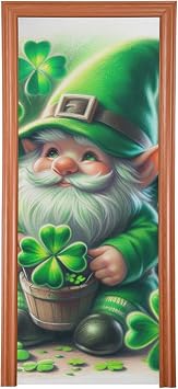 Qilmy Door Cover, St Patricks Gnomes Clover Washable Stretch Waterproof Fabric Festive Front Door Cover for Home, Indoor Outdoor Holiday Party Decoration, 32x79 Inch