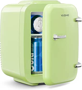 YASHE Mini Fridge, 4 Liter/6 Can Mini Makeup Fridge, 110V AC/ 12V DC Portable Thermoelectric Cooler&Warmer for Skincare, Drink, Cosmetic, Medicine, Small fridge for Bedroom, Office, Dorm, Car, Green